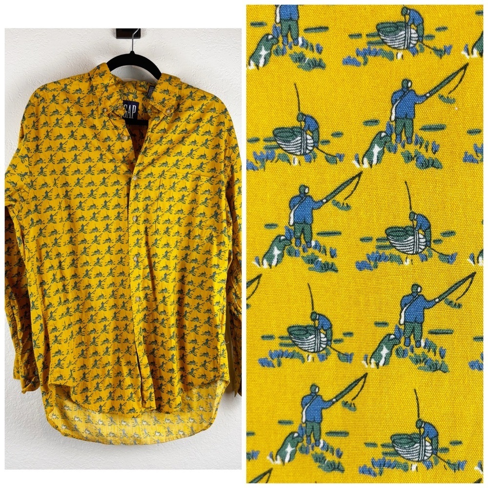 GAP Men’s Yellow Button-Up Long Sleeve Shirt Novelty Fishing Print Medium